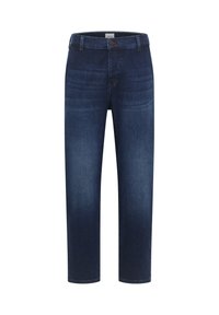 Dunkelblaue Jeans aus Denim mit geradem Schnitt, fünf Taschen und subtilen Used-Effekten. Verfügt über einen Knopfverschluss und Gürtelschlaufen.