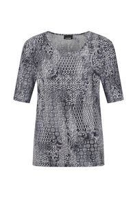 T-shirt à manches courtes en gris présentant un motif mixte de formes géométriques et de designs floraux, fabriqué en tissu doux et texturé.