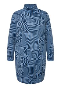 Abito con collo alto oversize in blu chiaro e blu scuro, con un motivo a linee ondulate. Realizzato in un materiale morbido ed elasticizzato con maniche lunghe.