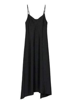 Sort midi-skjortekjole med tynde spaghetti stropper og asymmetrisk kant, glat stof, løs pasform.
