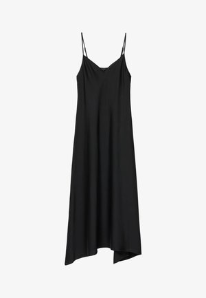 Sort midi-skjortekjole med tynde spaghetti stropper og asymmetrisk kant, glat stof, løs pasform.