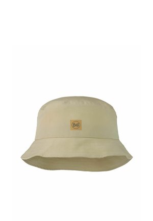 Beige bucket hat with a narrow stitched brim and a small square logo patch labeled "Buff" on the front center.