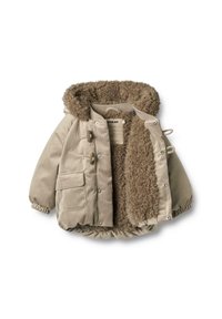 Beżowa kurtka sztruksowa z sztucznym futrem i kapturem. Posiada boczne kieszenie, zapięcia na zatrzaski oraz elastyczne mankiety. Miękka w dotyku, z przytulnym fasonem.