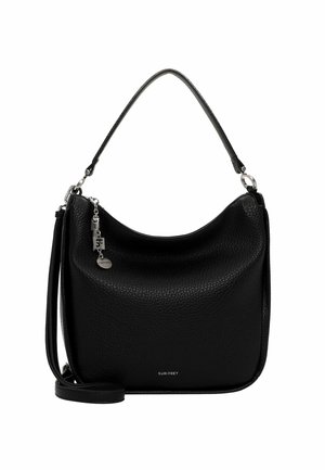 Black leather shoulder bag with a pebbled texture, a curved shape, silver hardware, and a detachable strap. Features a charm accent.