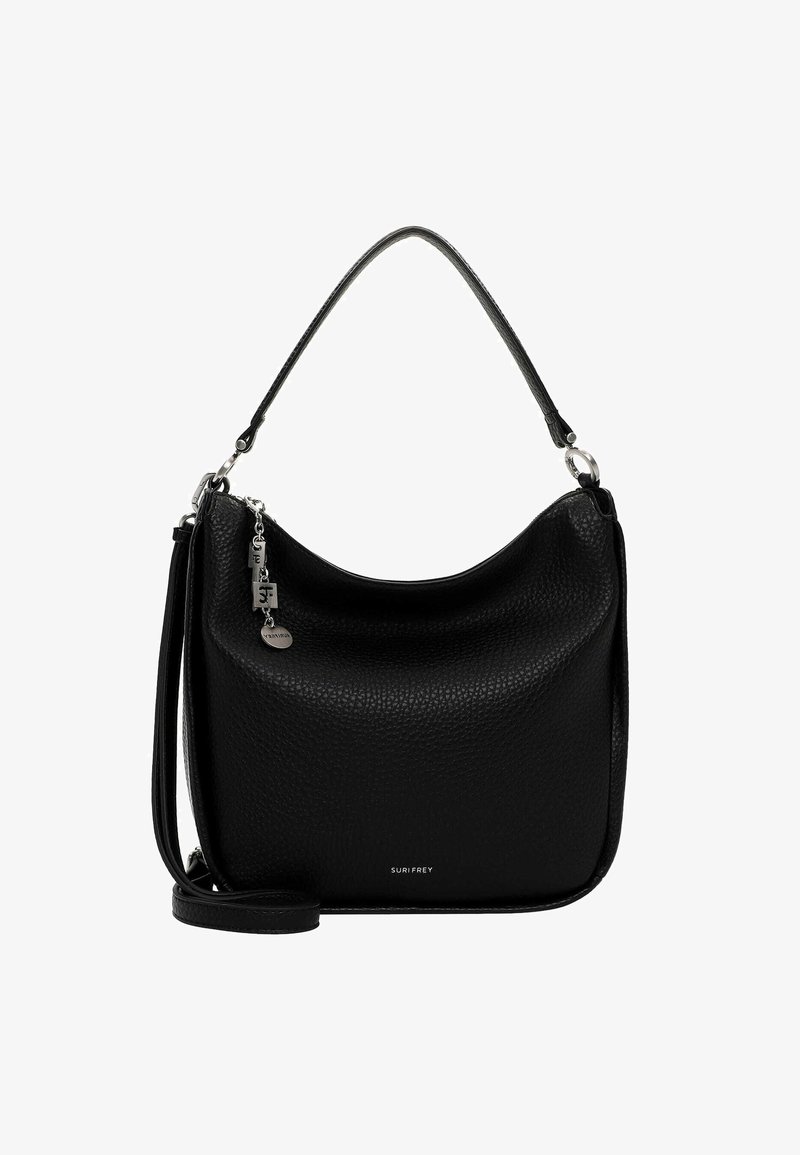 Melnas ādas plecu soma ar nelielu struktūru, izliekta forma, sudraba aksesuāri un noņemama siksna. Iekļauts piekariņš.