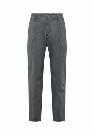 Grijze maatwerkbroek met riemlussen, voorplooien en een gladde textuur. Rechtermansontwerp met een subtiel patroon doorheen.