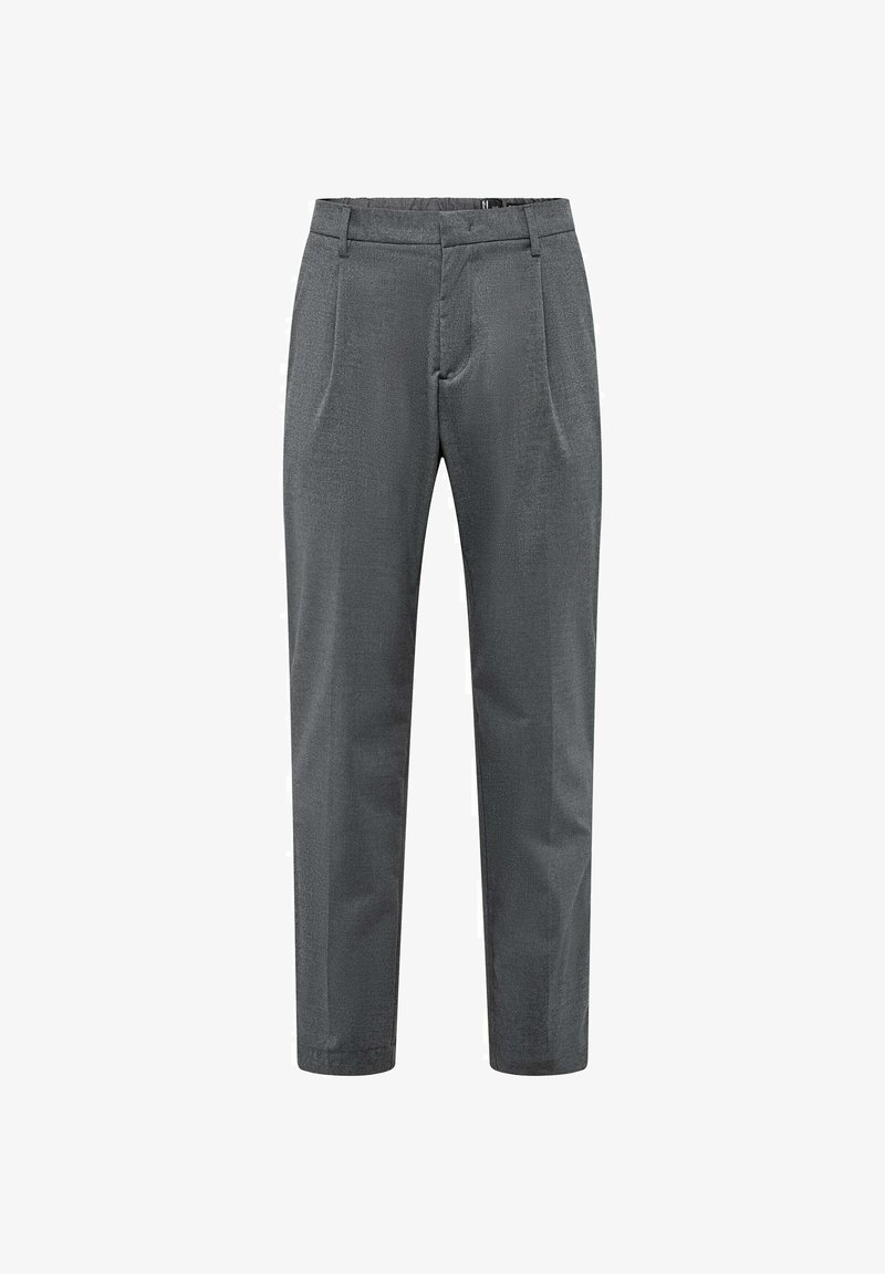 Pantaloni grigi su misura con passanti per cintura, pieghe frontali e una texture liscia. Design a gamba dritta con un motivo sottile in tutto il tessuto.