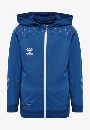 Blauwe zip-up hoodie van mesh materiaal, met een gestructureerd bovenstuk, witte rits en reflecterende accenten op de schouders.