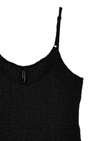 Schwarzes Tanktop aus strukturiertem Stoff, mit dünnen Trägern und einem runden Ausschnitt. Das Etikett trägt die Aufschrift "Calliope".