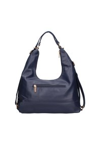 Borsa a tracolla in pelle blu navy con un design morbido, dotata di una tasca frontale con zipper e dettagli in metallo color oro. Spallaccio regolabile.