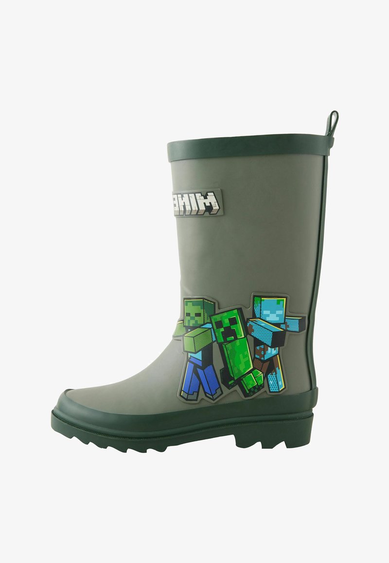 Grüner Gummiregenstiefel mit Minecraft-Figuren und Logo an der Seite, entworfen für Kinder.