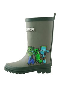 Zelená gumená dažďová čižma s textúrovaným povrchom, na boku s dizajnmi postáv z Minecraftu v modrej, zelenej a čiernej farbe a s logom vpredu.