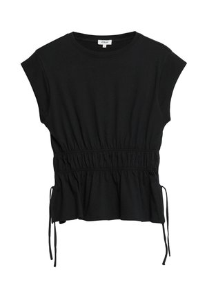 Schwarzes Top mit kurzen Ärmeln, geraffter elastischer Taille und verstellbaren seitlichen Bändern, rundem Ausschnitt und lockerem Peplum-Saum.