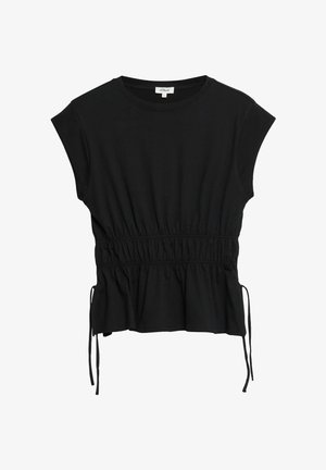 Schwarzes Top mit kurzen Ärmeln, geraffter elastischer Taille und verstellbaren seitlichen Bändern, rundem Ausschnitt und lockerem Peplum-Saum.