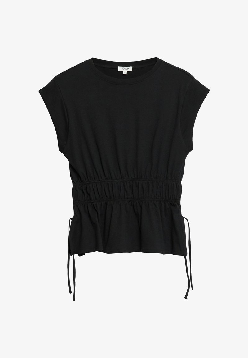 Top noir à manches courtes avec taille élastiquée froncée et liens latéraux ajustables, encolure ronde et bas peplum ample.
