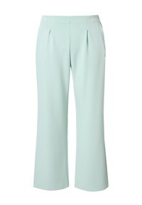Licht muntgroene brede broek met subtiele plooien aan de voorkant en een gladde textuur. Eenvoudig ontwerp, zonder zichtbare patronen of accenten.