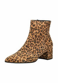Bottines en daim doux à imprimé léopard, avec un bout pointu et un talon bloc épais, dotées d'une bordure noire à la base.