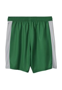 Grønne atletiske shorts med hvide sidepaneler og elastisk talje, designet til sport eller afslappet brug.