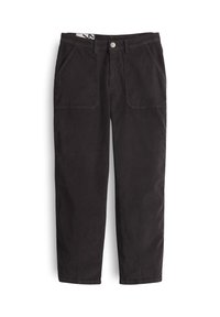 Pantaloni neri a gamba dritta con tasche anteriori, passanti per cintura e chiusura a bottone, esposti su uno sfondo bianco.