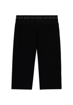 Leggings neri al ginocchio con elastico in vita caratterizzato dalla scritta ripetuta "FREDDY FLOW" in grigio scuro.
