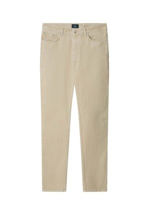 Beige katoenen chinos met een recht model, voorzien van voorzakken, achterzakken en een tailleband met een knoop- en ritssluiting.