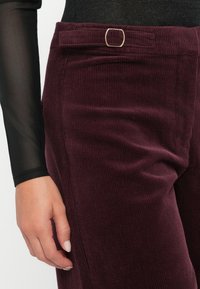 Mâna unei femei odihnindu-se pe lângă corp, purtând un top lung cu mâneci transparente de culoare neagră și pantaloni din velur bordeaux, cu un mic detaliu de cataramă.