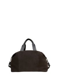 Sac en suède marron avec de courtes poignées en cuir noir, une bandoulière amovible et un design lisse et structuré. Comprend des accents métalliques.