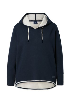 Marineblaues Hoodie mit cremefarbener Innenseite, verstellbaren Kordeln, seitlichen Schlitzen und abgerundetem Saum. Verfügt über ein Markenlabel in der Nähe des Saums.