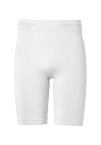 Weiße Sportshorts mit einem breiten elastischen Bund, der mit "uhlsport"-Branding versehen ist. Das Material ist glatt und hat strukturierte Seitenteile.