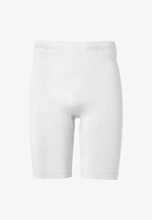 Shorts de sport blancs avec une large taille élastique arborant la marque "uhlsport". Le matériau est lisse avec des panneaux latéraux texturés.