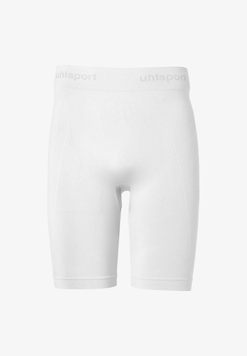 Weiße Sportshorts mit einem breiten elastischen Bund, der mit "uhlsport"-Branding versehen ist. Das Material ist glatt und hat strukturierte Seitenteile.