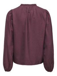 Blouse à manches longues couleur prune avec poignets froncés et col haut à volants, vue de dos.