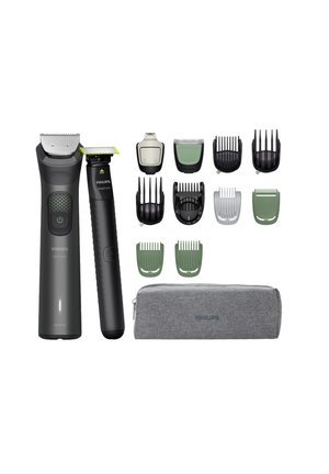 Kit di toilettatura Philips con due regolatori: grigio scuro e nero, diversi pettini di attacco in verde e nero, oltre a una pochette grigia per il trasporto.