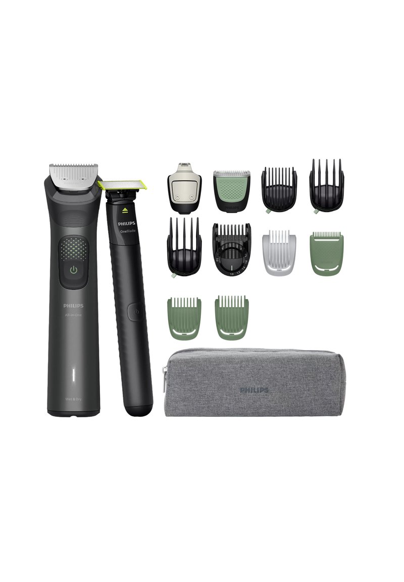 Kit di toilettatura Philips con due regolatori: grigio scuro e nero, diversi pettini di attacco in verde e nero, oltre a una pochette grigia per il trasporto.