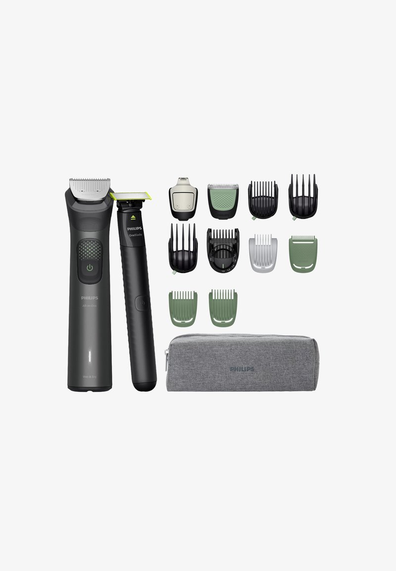 Kit di toilettatura Philips con due regolatori: grigio scuro e nero, diversi pettini di attacco in verde e nero, oltre a una pochette grigia per il trasporto.