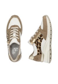 Sneakers with a white leather and tan suede upper, leopard print accents, beige zipper detail, and sturdy sole with textured tread.
