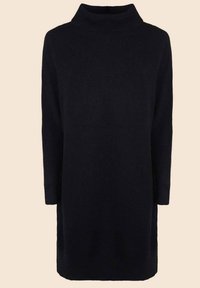 Robe en maille noire à manches longues avec un col montant et une coupe droite, présentée sur un fond beige uni.