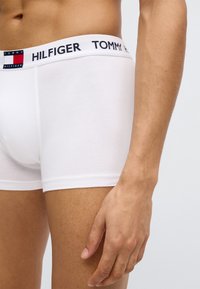 Λευκά ανδρικά βαμβακερά εσώρουχα μπόξερ με ελαστική κορδέλα μέσης με το λογότυπο "TOMMY HILFIGER" σε ναυτικό μπλε και κόκκινες λεπτομέρειες. Ομαλή υφή και εφαρμοστή σχεδίαση.