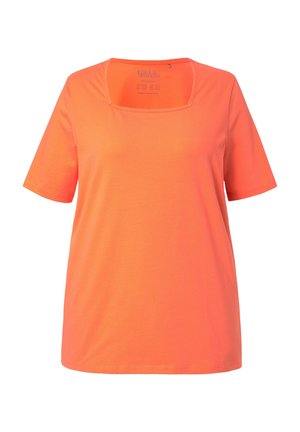Kurze Ärmel orangefarbene T-Shirt aus weichem Stoff, mit quadratischem Ausschnitt und lockerer Passform, ohne sichtbare Muster oder Akzente.