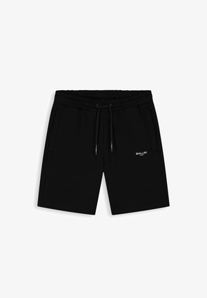 Zwarte casual shorts met elastische tailleband en trekkoord, zijzakken en wit "BALLIN'"-logo op de rechterdij.