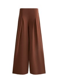 High-waisted, wide-leg brown trousers with front pleats and a smooth waistband, extending to full length.