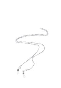 Collana in metallo color argento con piccoli accenti in plastica bianca alle estremità, caratterizzata da un design a catena e una texture liscia.