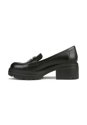 Schwarze Lederloafers mit runder Zehenpartie, dicker Sohle und Blockabsatz. Mit dezenten Nähten und einem Detail mit Vorderband.