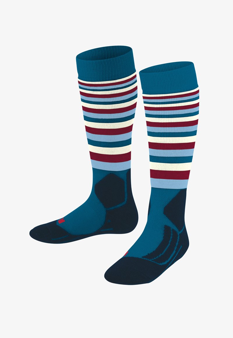Skarpetki do kolan z turkusową górą w poziome paski w kolorze czerwonym, białym, granatowym i jasnoniebieskim; widoczne wzmocnione miejsca na palcach i piętach.