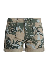 Béžové a zelené maskáčové šortky s vzorem listů, vybavené pěti kapsami, zapínáním na knoflík a ohrnutými manžetami pro ležérní vzhled.