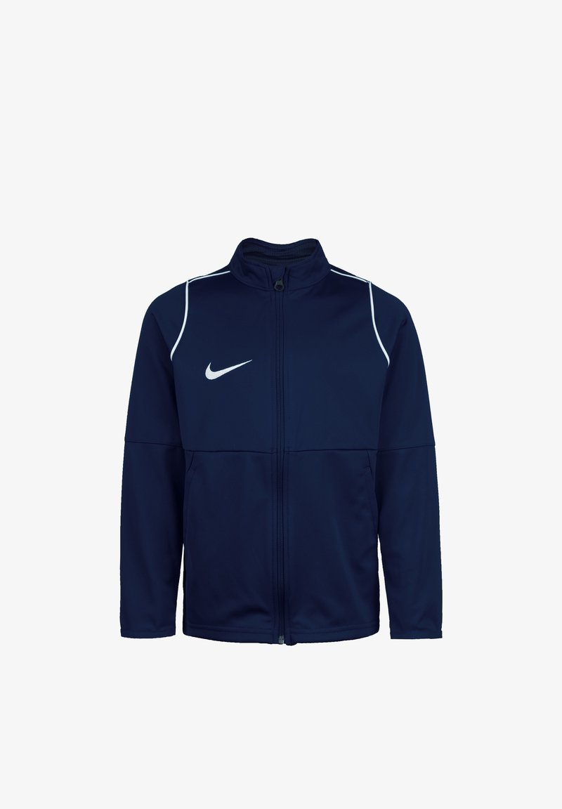 Giacca zip-up Nike blu navy con piping bianco sulle spalle e logo swoosh Nike bianco sul lato sinistro del petto.