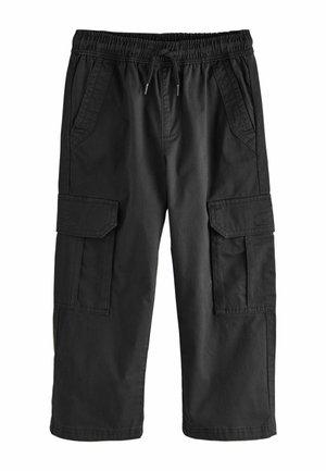Schwarze Cargo-Hosen aus robustem Material, mit einem elastischen Bund und Kordelzug, seitlichen Taschen und zwei großen Cargo-Taschen.