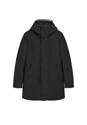 Black waterproof parka jacket featuring a high collar, adjustable hood, two side zip pockets, and a sleek, minimal design.