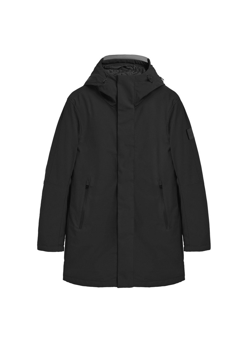 Sort vandtæt parka-jakke med høj krave, justerbar hætte, to side-lommer med lynlås og et slankt, minimalistisk design.