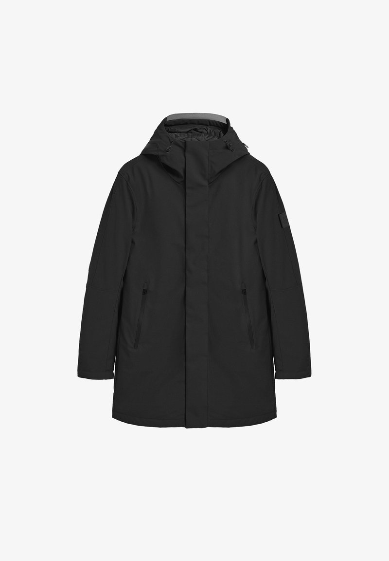 Svart vattentät parka-jacka med hög krage, justerbar huva, två sidofickor med dragkedja och en snygg, minimalistisk design.